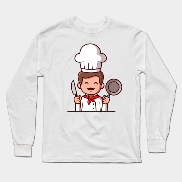 Cute Chef Holding Frying Pan And Knife Cartoon Long Sleeve T-Shirt by Catalyst Labs